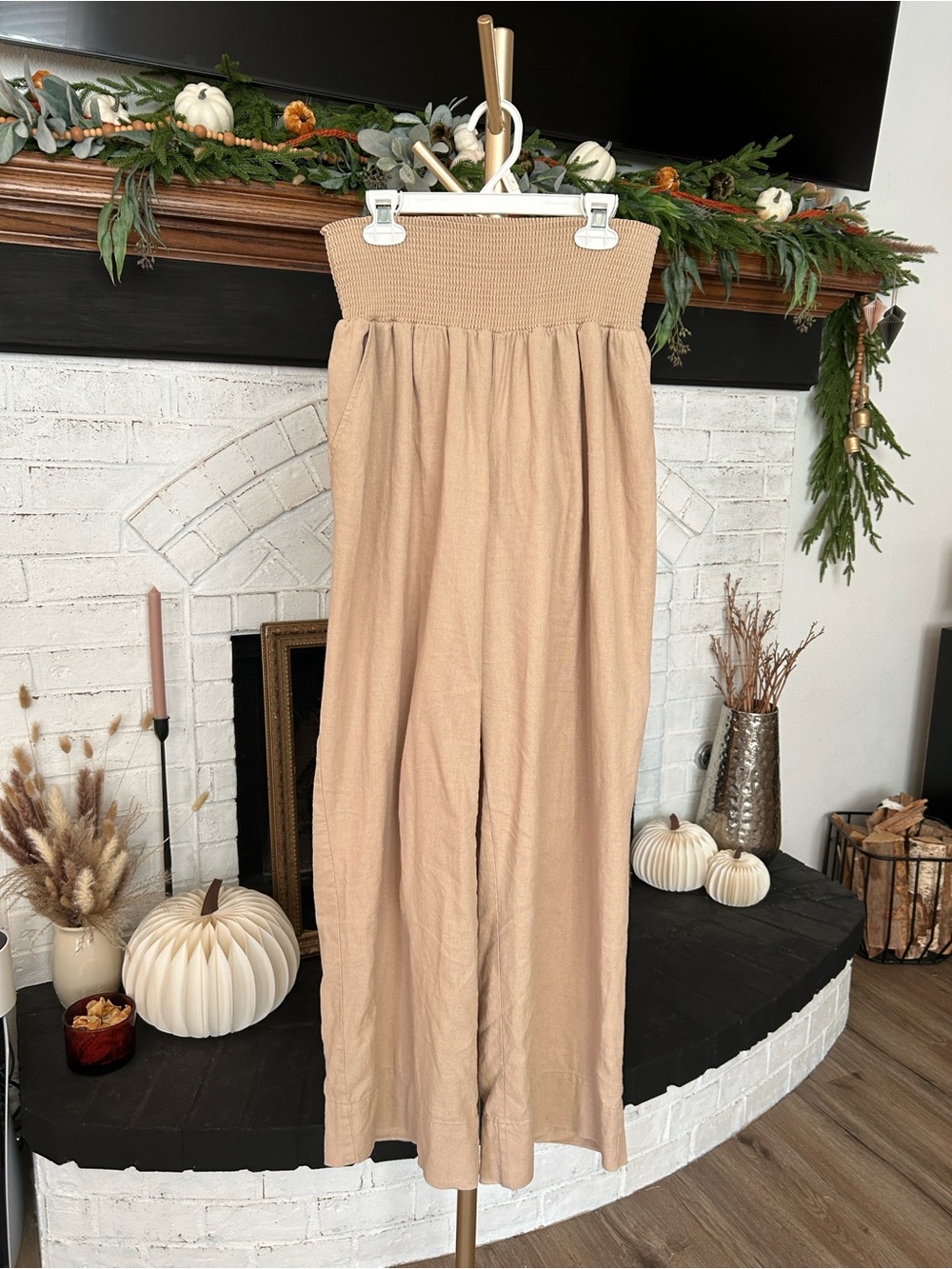 Smocked Waist Wide-Leg Women’s Pants - Beige